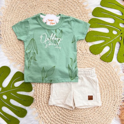 Conj. Camiseta Outdoor Spirit e Bermuda em Linho - Verde e Areia